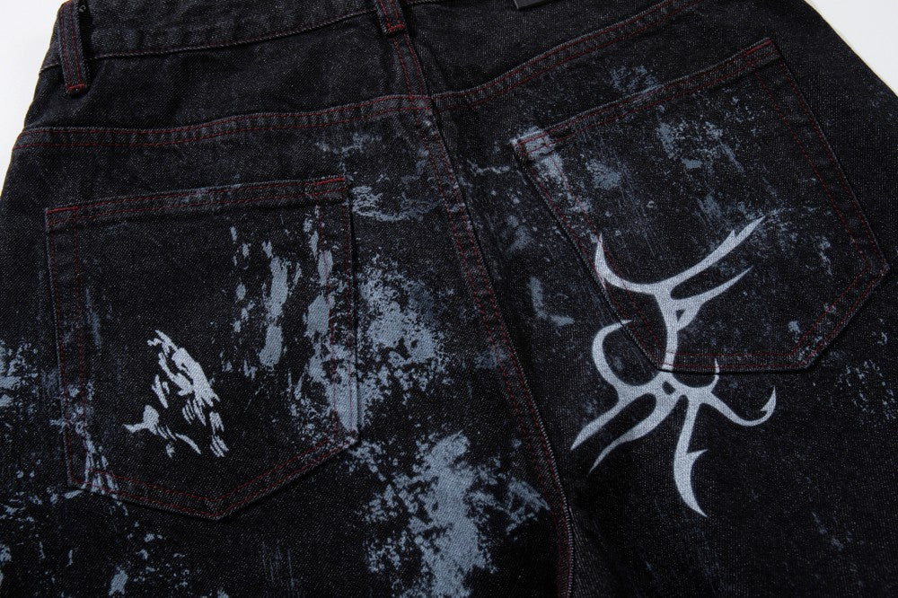 Graffiti Totem Print Wide Leg Denim Jeans WN27881