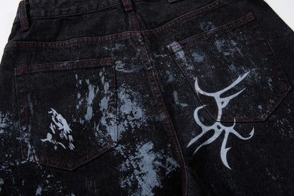 Graffiti Totem Print Wide Leg Denim Jeans WN27881