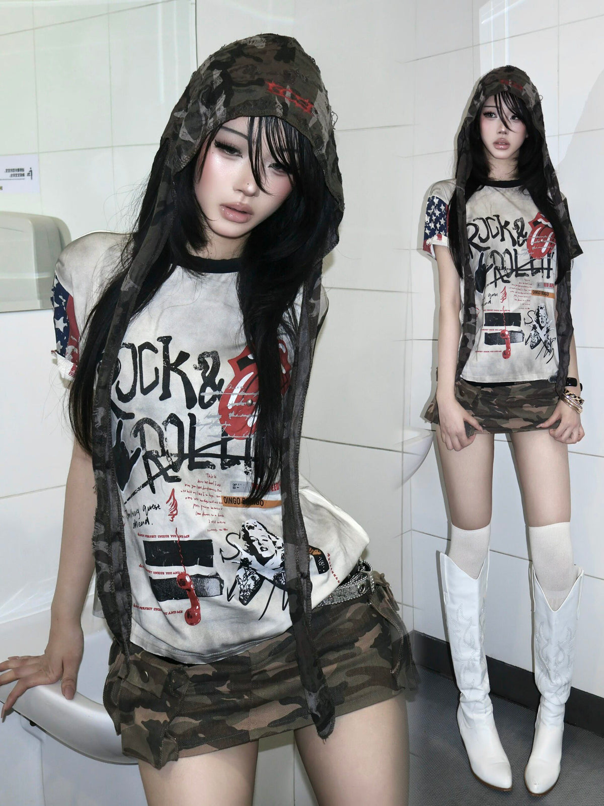 Washed Lip Art Graphic Print Short Sleeve T-Shirt WN27415