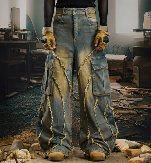 Washed Damage Fringe Pocket Paint Wide Leg Cargo Denim Jeans WN21382