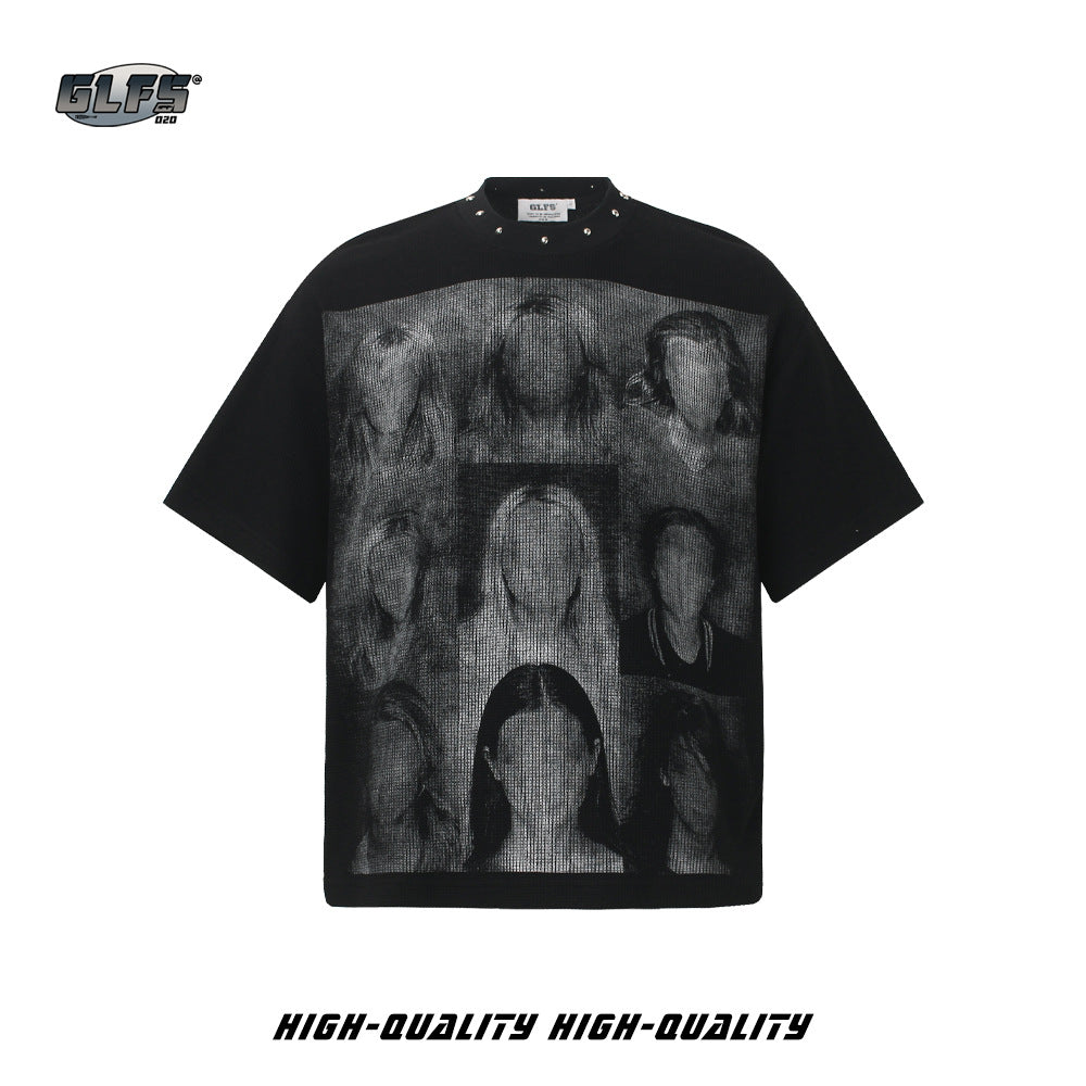Studded Dark Portrait Graphic Waffle Oversize Short Sleeve T-Shirt WN26549