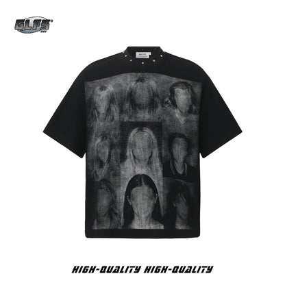 Studded Dark Portrait Graphic Waffle Oversize Short Sleeve T-Shirt WN26549