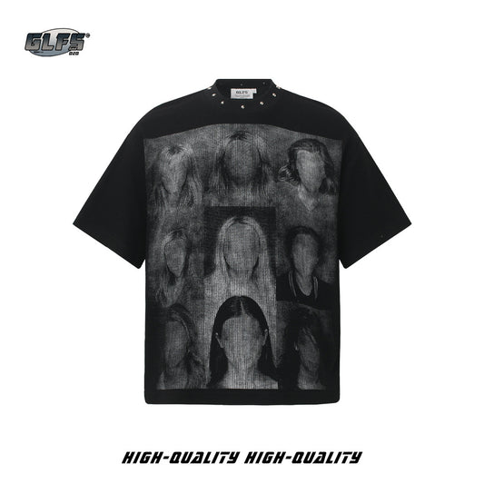 Studded Dark Portrait Graphic Waffle Oversize Short Sleeve T-Shirt WN26549