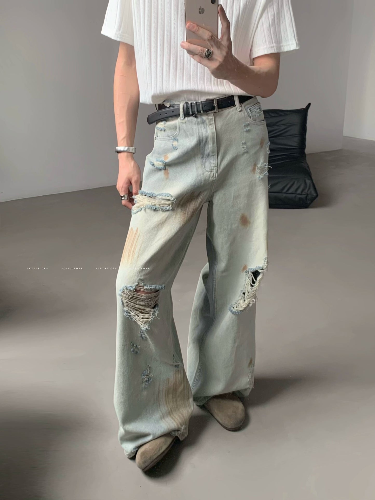 Washed Paint Damage High Waist Wide Leg Denim Jeans WN20088