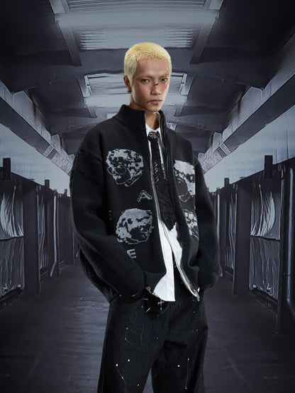 Portrait Print High-Neck Zipper Oversize Knit Cardigan WN22894