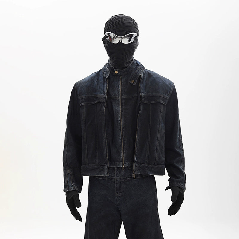 Fake Layered Zipper Denim Jacket & Denim Jeans Setup WN18670