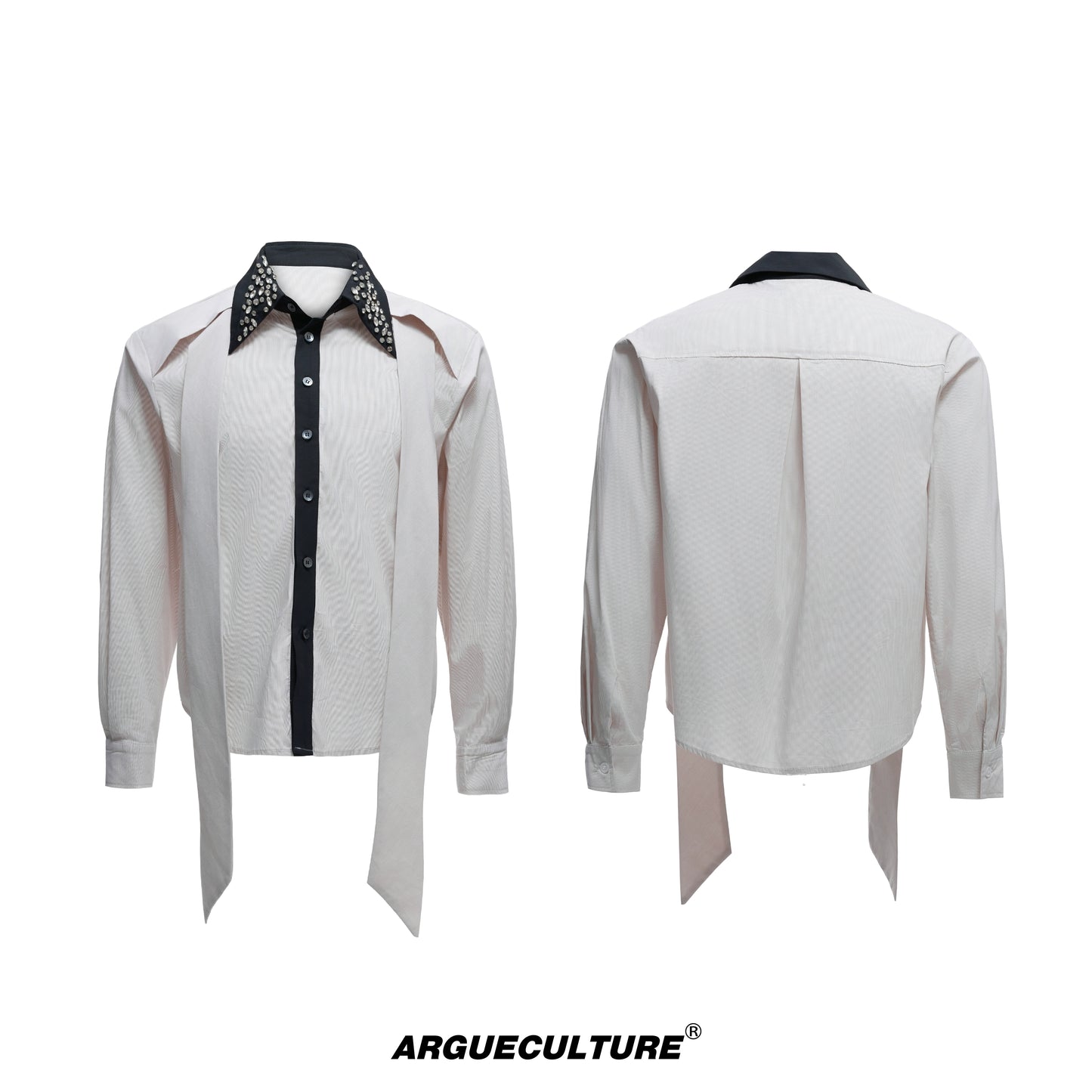 Rhinestone Neckline Ribbon Colorblock Long Sleeve Shirt WN20532