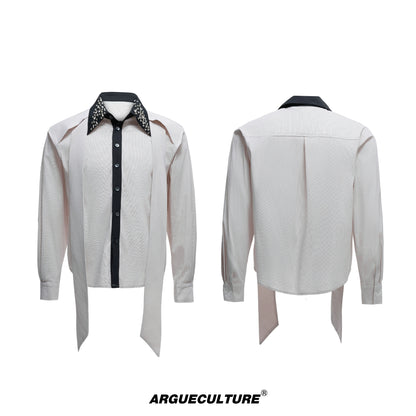 Rhinestone Neckline Ribbon Colorblock Long Sleeve Shirt WN20532