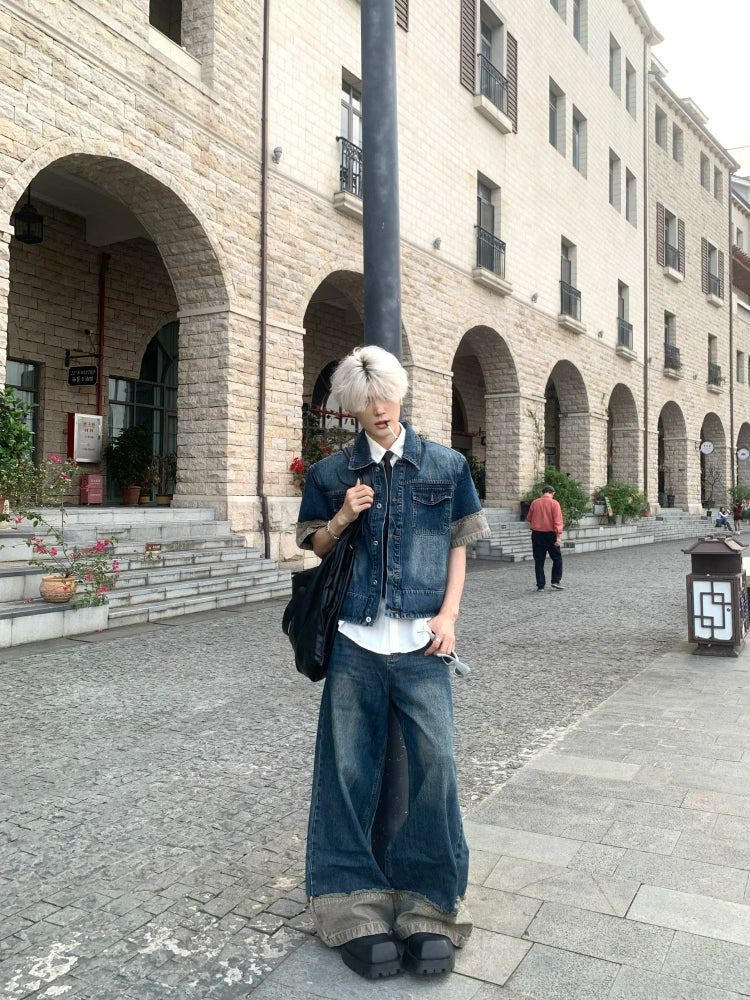 Patchwork Denim Short Sleeve Jacket & Wide Leg Denim Jeans Setup WN19803