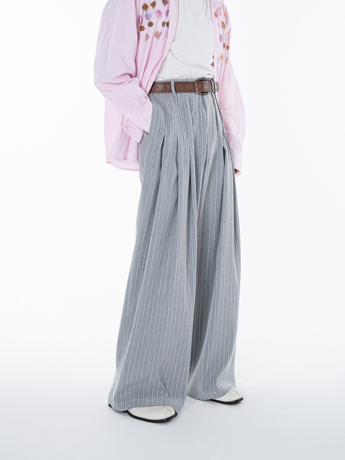 Pleats Stripe Wide Leg Trousers WN23622