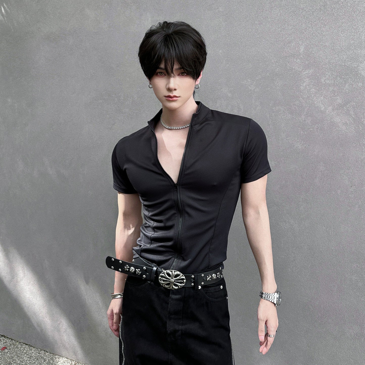 Solid Color Zipper Short Sleeve T-Shirt WN25042