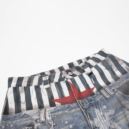Star Print Fake Layered Curved Wide Leg Denim Jeans WN25728