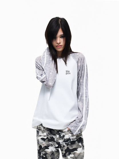 Waffle Contrast-Tape Embroidery Raglan Long Sleeve T-Shirt WN27323