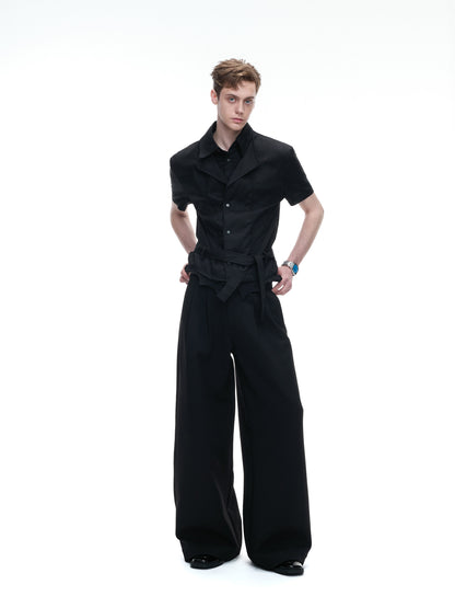 Irregular Fold-Over Waist Embroidery Wide Leg Pants WN27032