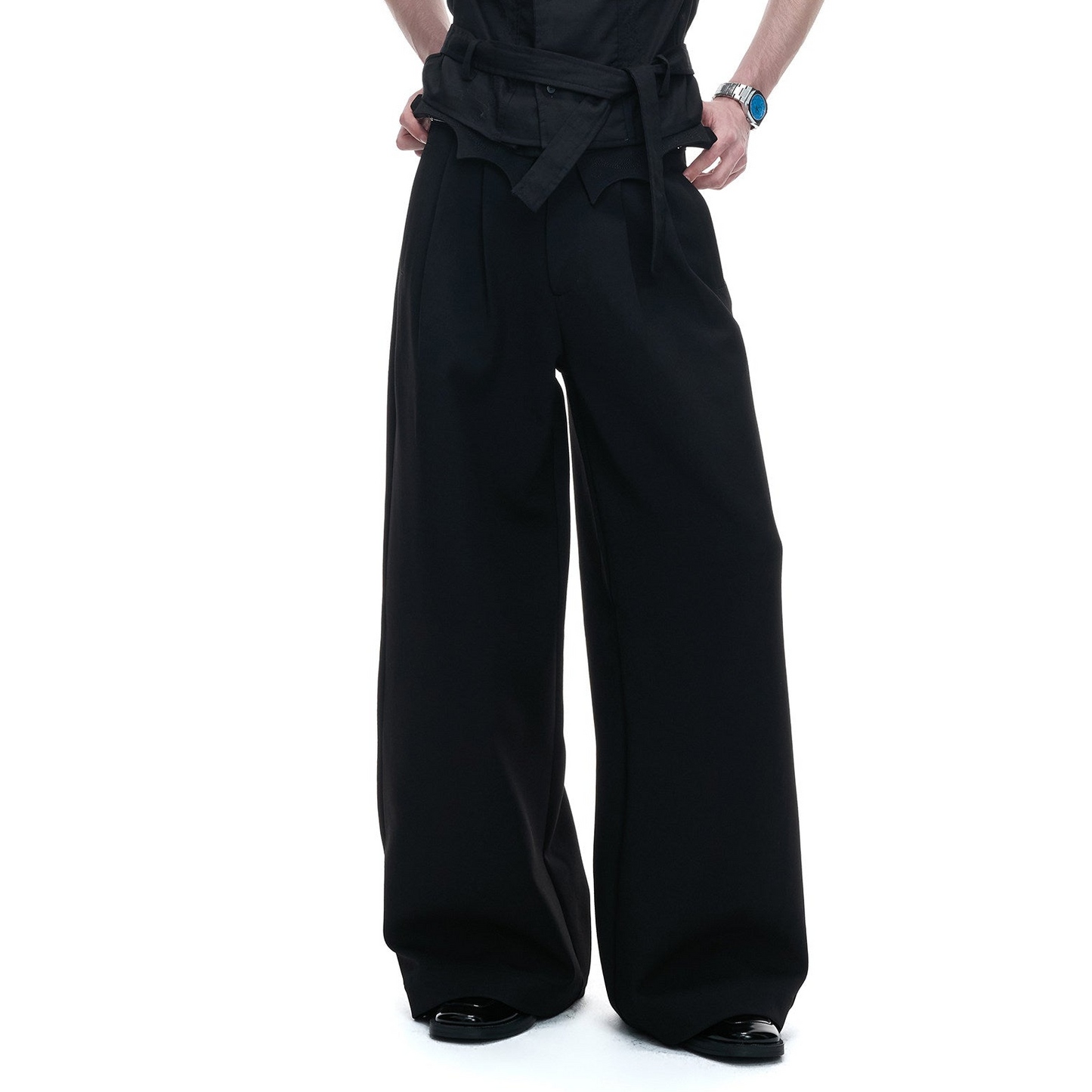 Irregular Fold-Over Waist Embroidery Wide Leg Pants WN27032