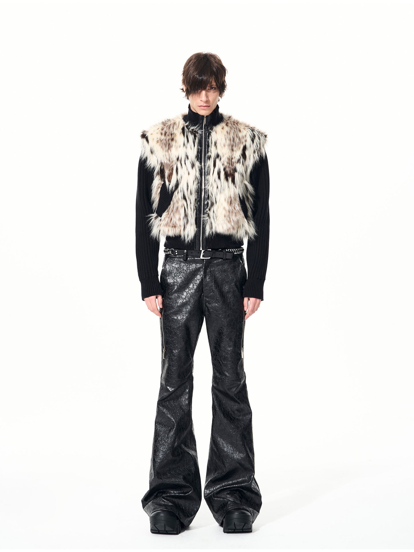 Fake Fur Stand Neck Zipper Knit Cardigan WN22696