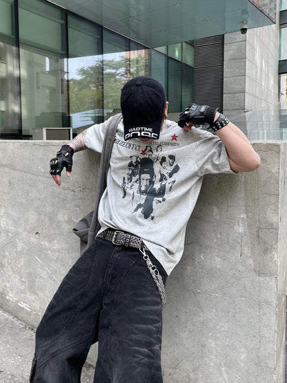 Portrait Letter Print Washed Oversize Short Sleeve T-Shirt WN14990