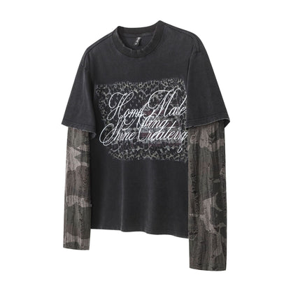 Fake Layered Camo Letter Print Washed Long Sleeve T-Shirt WN25609