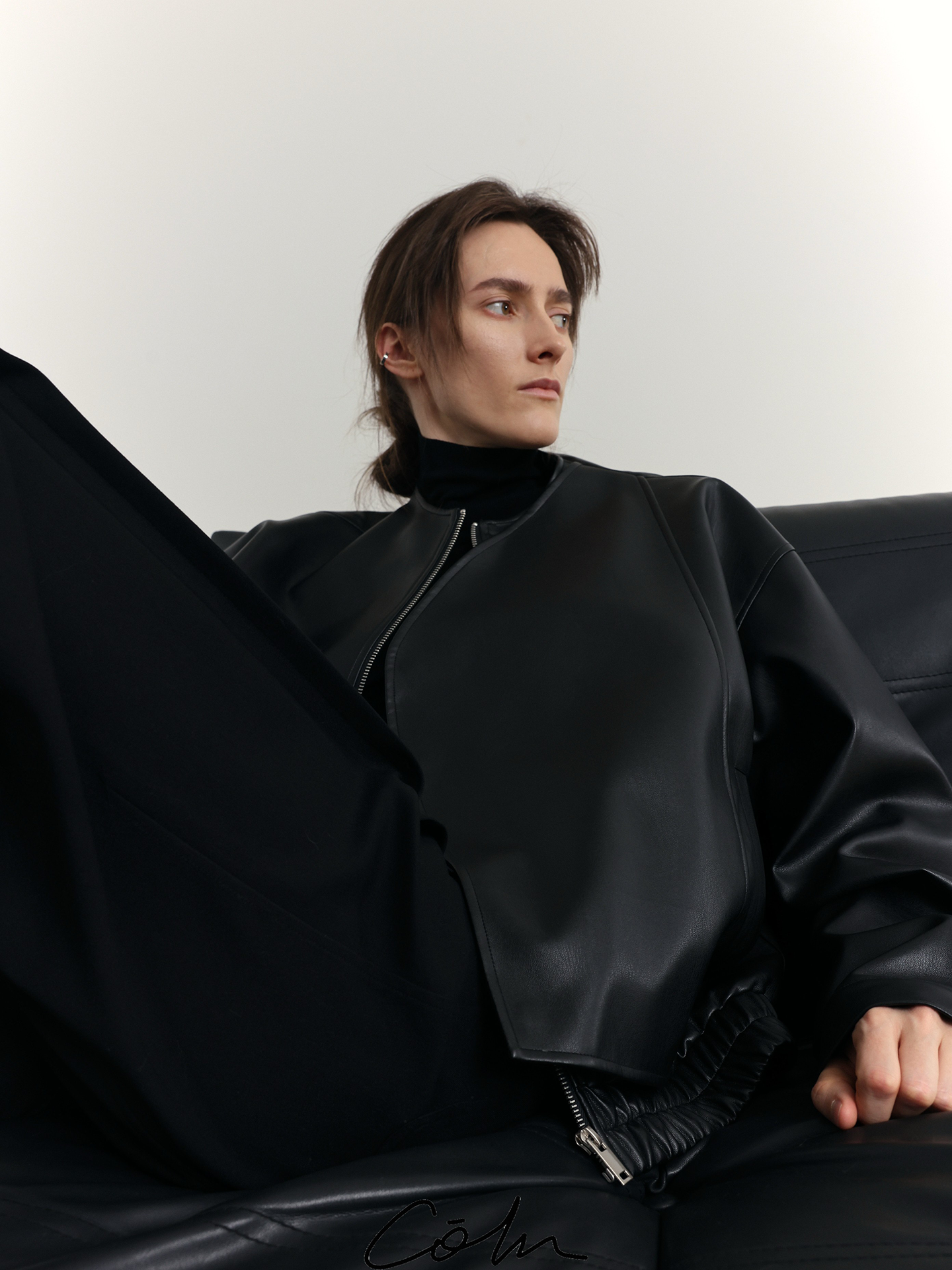 Curved Placket Zipper PU Leather Jacket WN21650