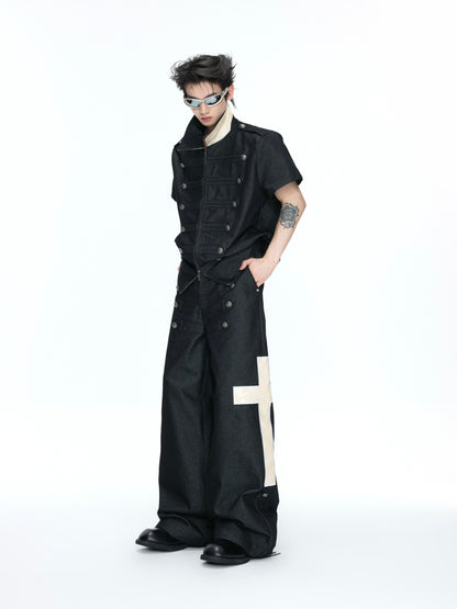 Croc Pattern Leather Cross Patch Double-Breasted Wide Leg Denim Jeans WN26971