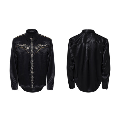 Draped Wrinkle-Resistant Note Embroidery Shoulder-Pad Long Sleeve Shirt WN23276