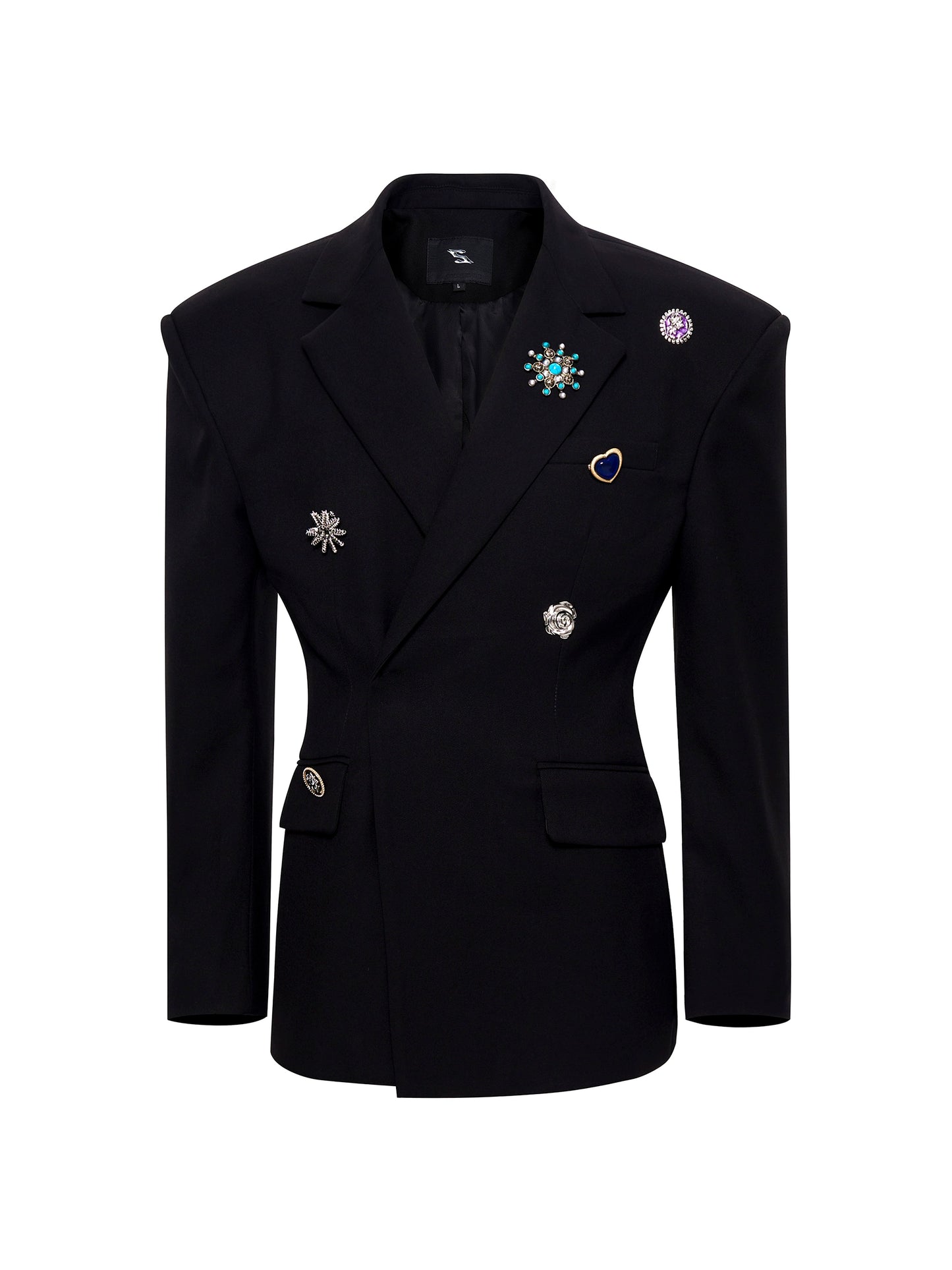 Shoulder-Pad Metal Brooch Tailored Jacket & Trousers Setup WN21796