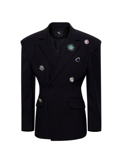 Shoulder-Pad Metal Brooch Tailored Jacket & Trousers Setup WN21796