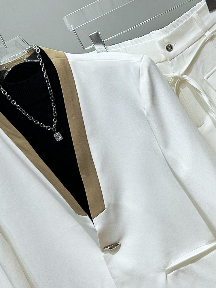 V-Neck Color Block Oversize Tailored Jacket & Straight Trousers Setup WN23919