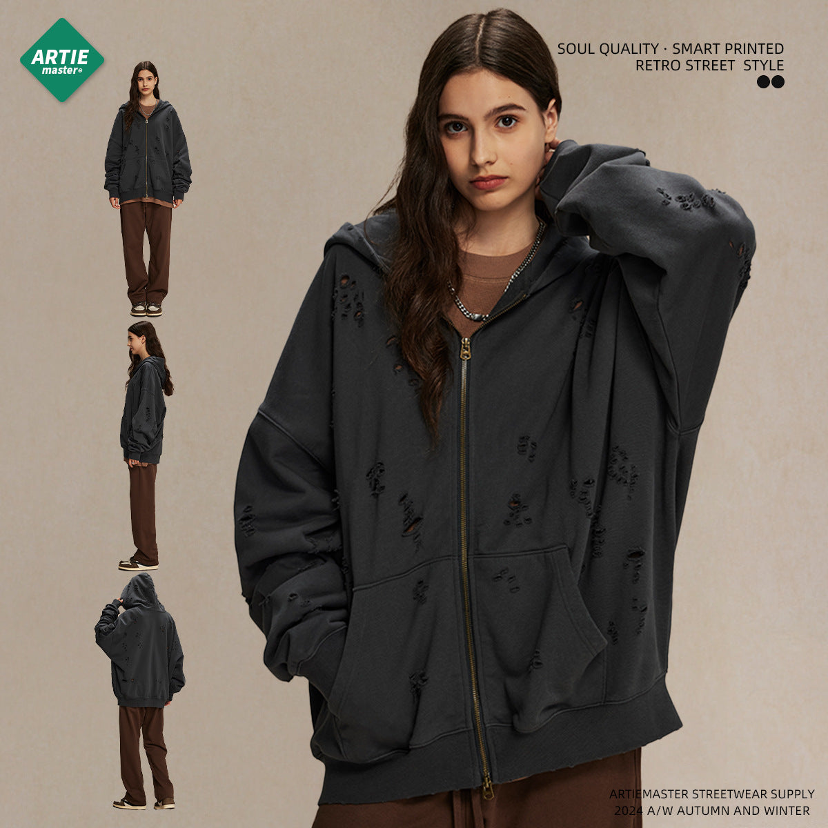 Oversize Damage Double Zipper Hoodie WN9975