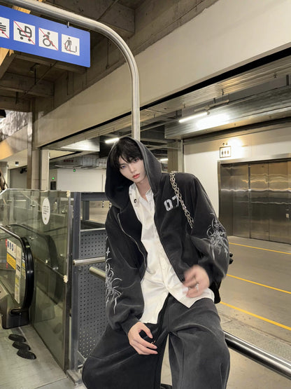 Hand Paint Oversize Zipper Hoodie & Wide-leg Sweatpants Setup WN20729