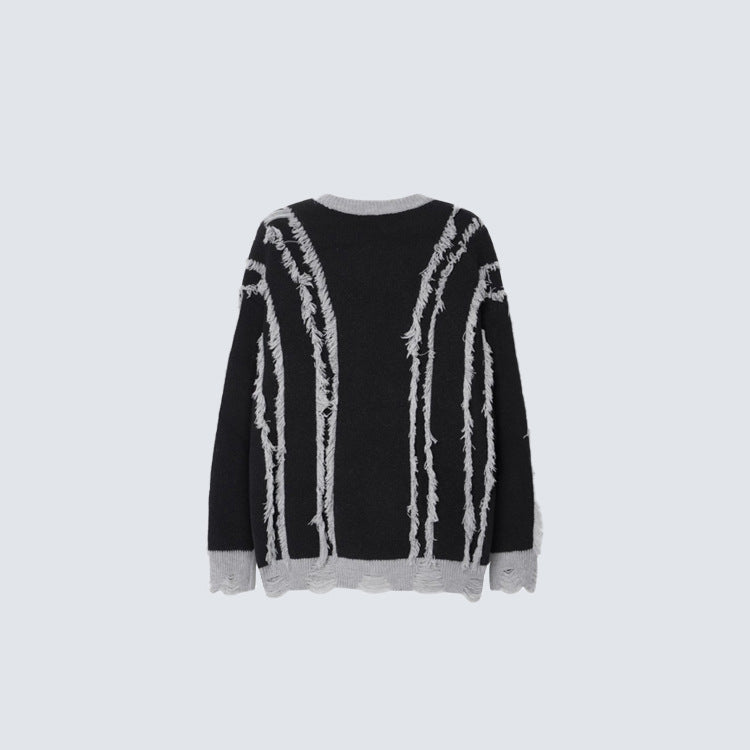 Frayed Stripe Heart Graphic Knit Sweater WN27969