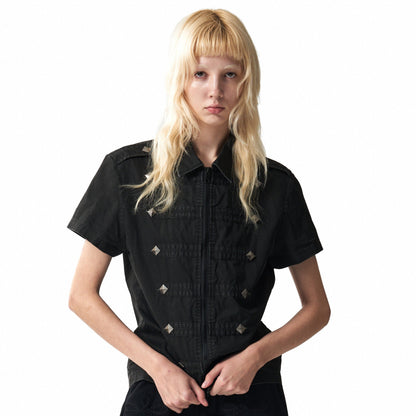 Metal Studs Zipper Short Sleeve Shirt WN27184