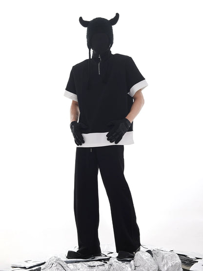 Half Zipper Stand Neck Shoulder-Pad Short Sleeve T-Shirt & Sweatpants Setup WN18620