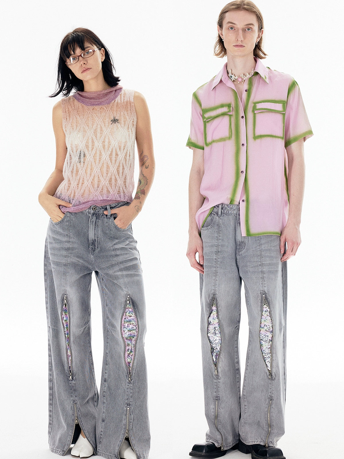 Graphic Print Zipper Design Denim Jeans WN18942