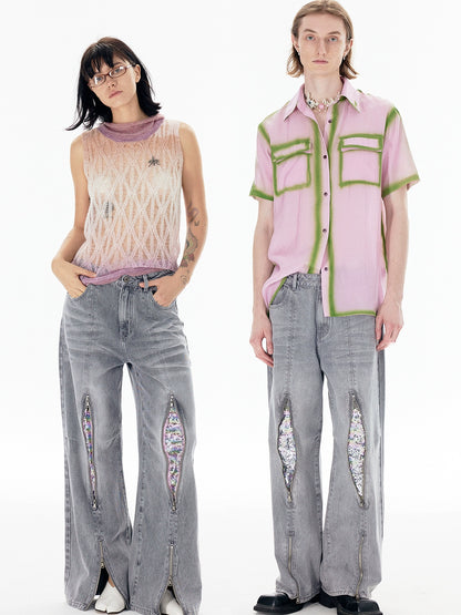 Graphic Print Zipper Design Denim Jeans WN18942