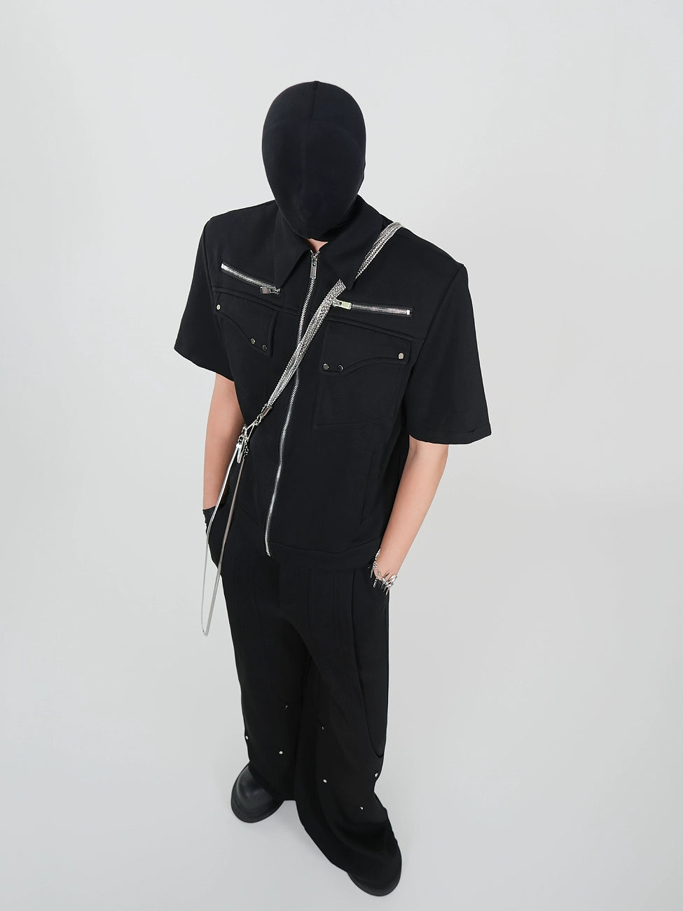 Metal Studs Zipper Jacket & Wide Leg Pants Setup WN17382