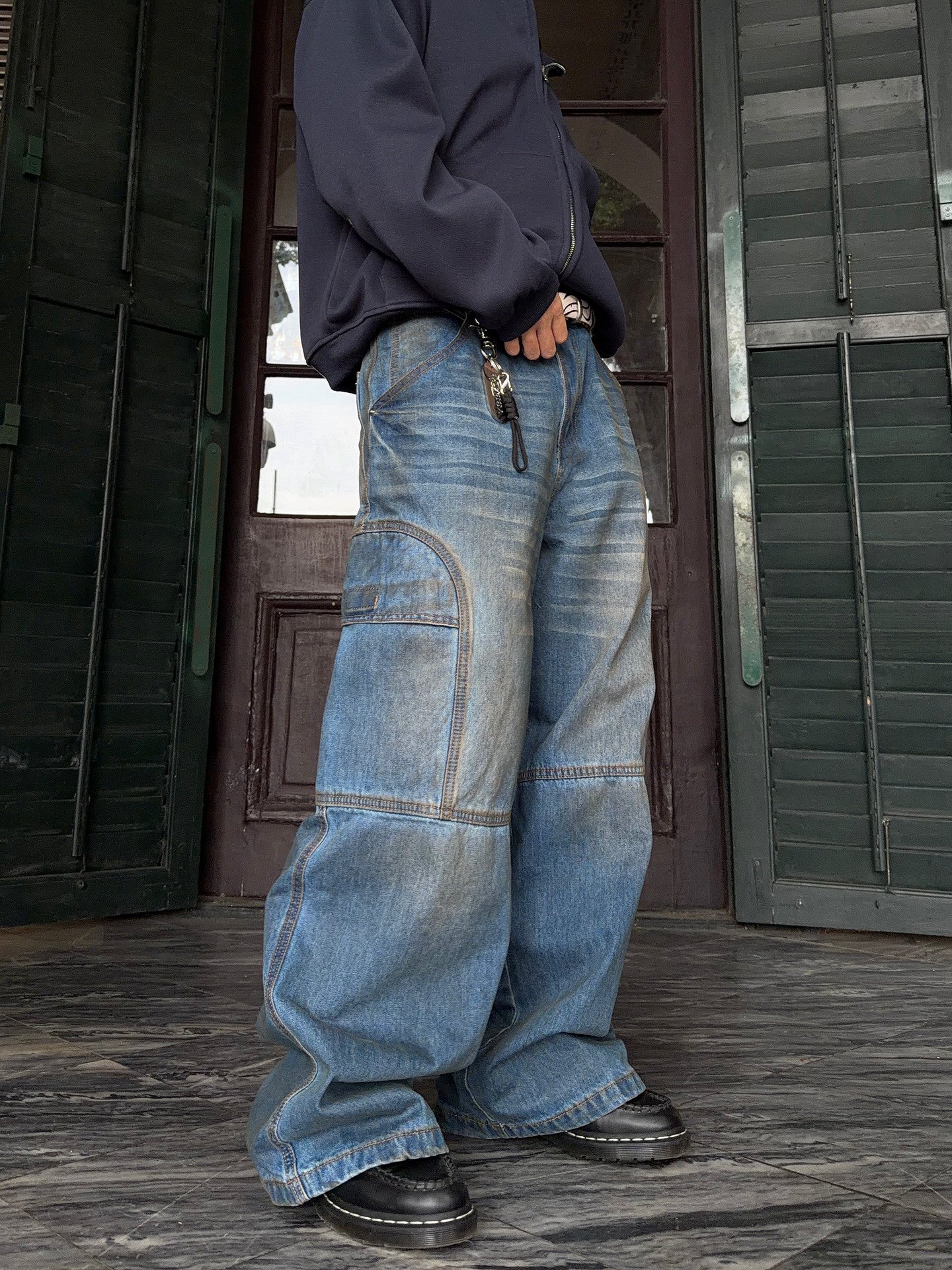 Washed Panel Design Wide Leg Denim Jeans WN24369