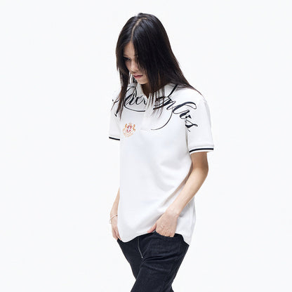 Contrast Script Print Embroidery Polo Collar Short Sleeve T-Shirt WN27292