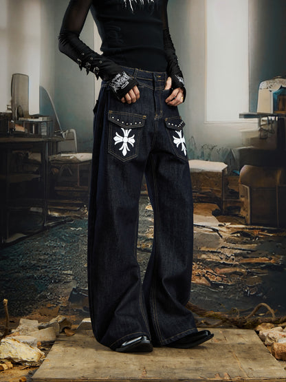 Cross Print Rivet Deconstruction Curved Leg Denim Jeans WN22776