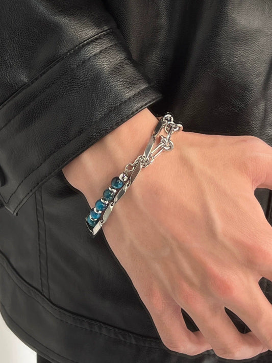 Double Layer Blue Tiger Eye Titanium Steel Bracelet WN19261