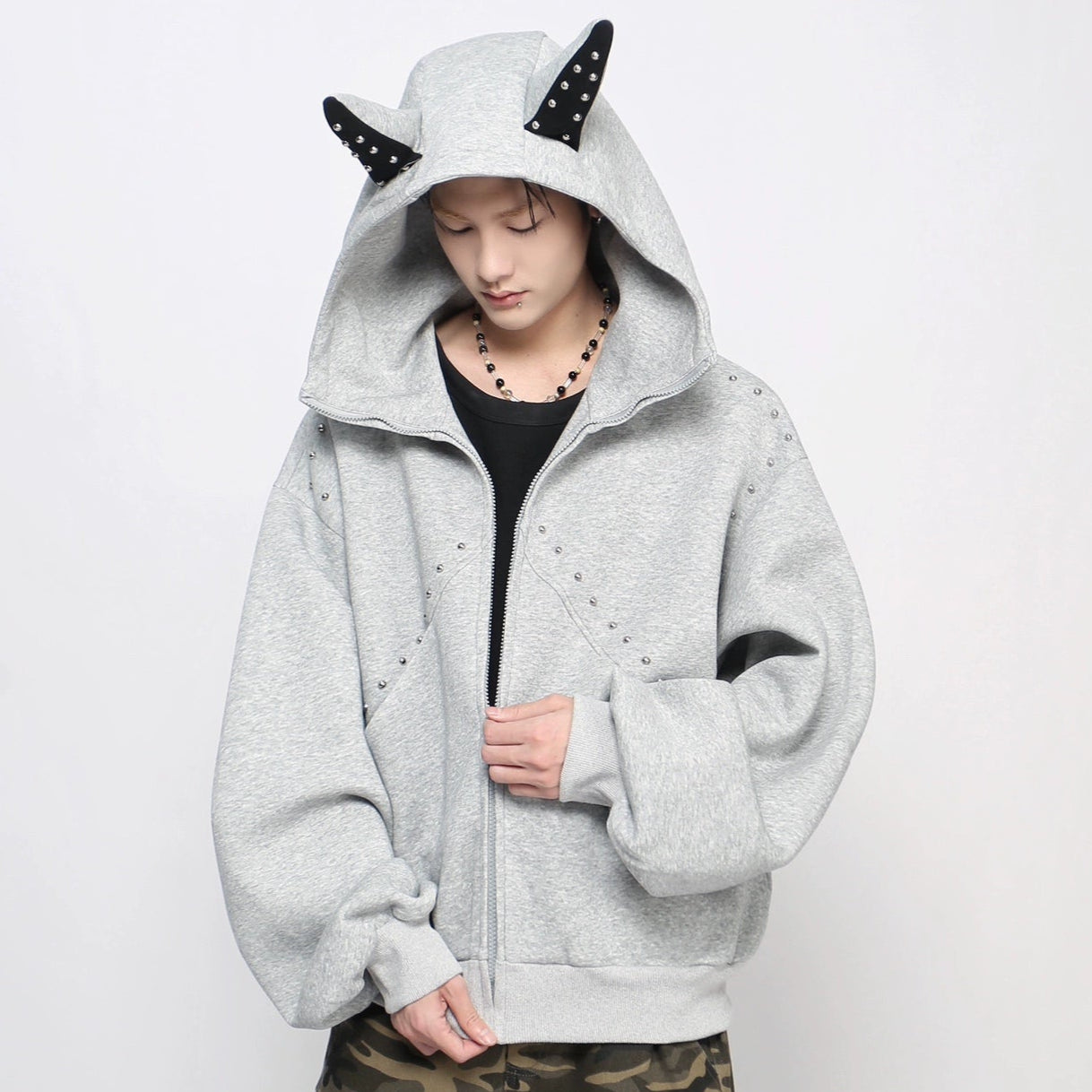 Studs Mix Patchwork Zipper Hoodie WN21042