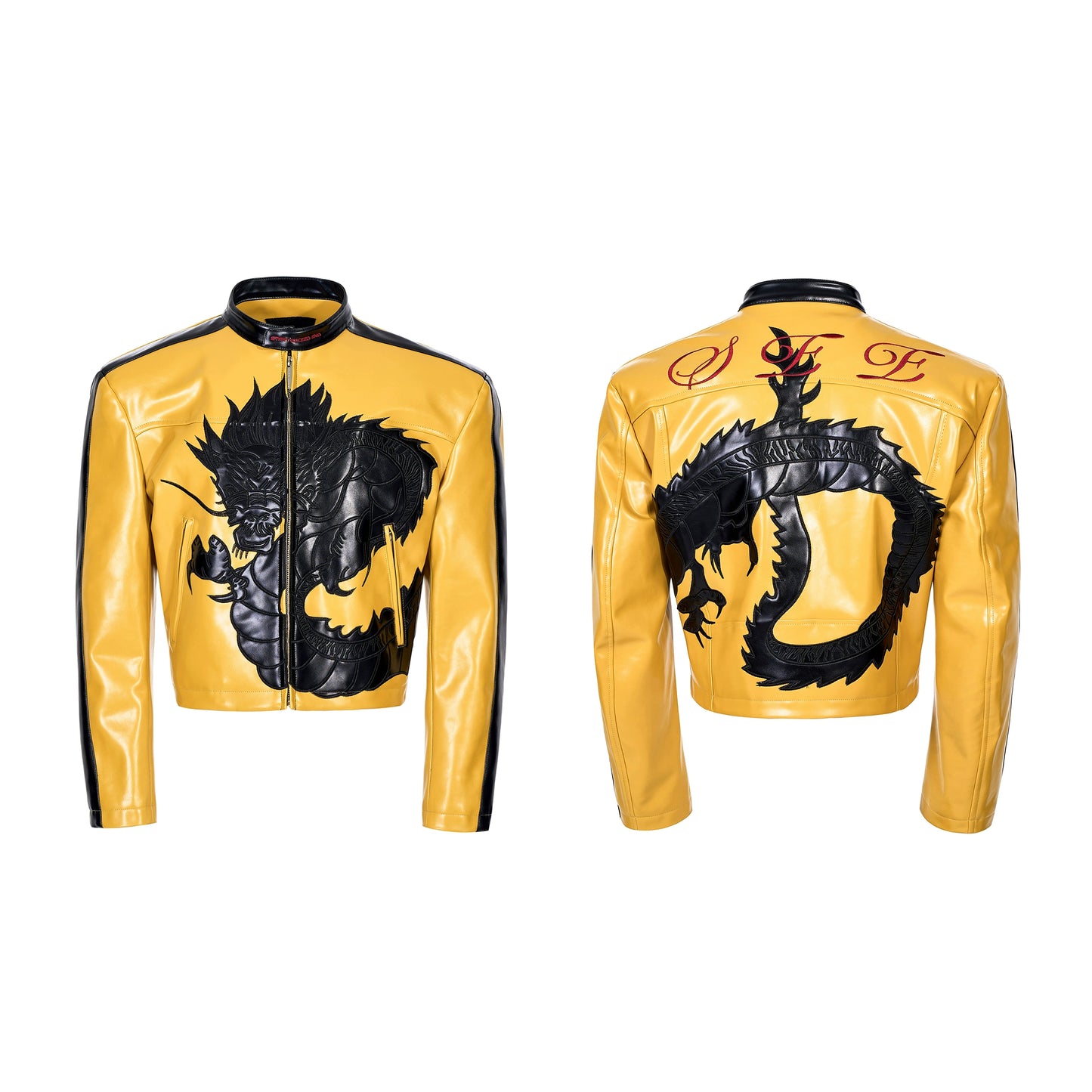 Dragon Embroidery Colorblock Stand Neck PU Leather Jacket WN22129