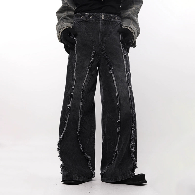 Washed Gradient Fringe Raw Edge Denim Jeans WN18715