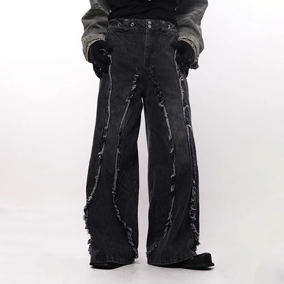 Washed Gradient Fringe Raw Edge Denim Jeans WN18715