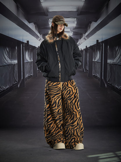 Leopard Fake Fur Lapel Short Padded Jacket WN22842