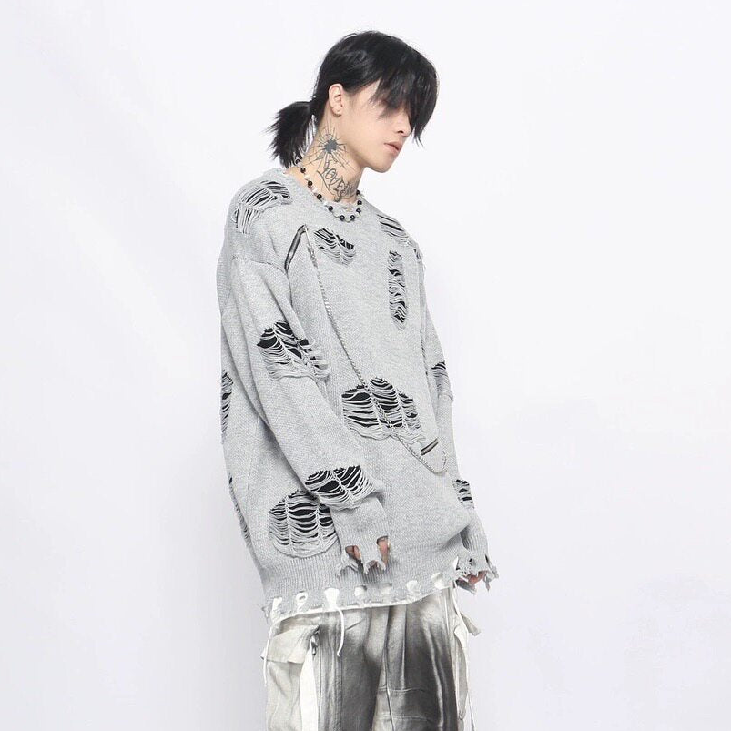 Damage Zipper Chain Detail Knit Sweater WN24497