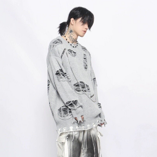 Damage Zipper Chain Detail Knit Sweater WN24497