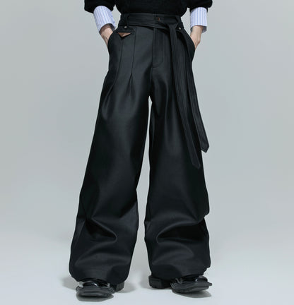 Glossy Pleated Straight Belted Trousers WN21701