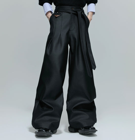 Glossy Pleated Straight Belted Trousers WN21701