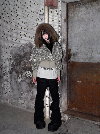 Leopard Fake Fur-Collar Short Zipper Jacket WN22199